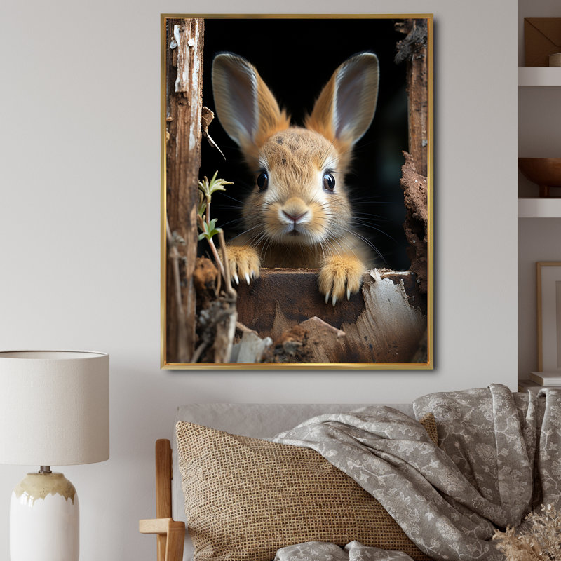 Drôle de lapin, reproduction d'art sur toile, H 40 po x l 30 po x P 1,5 po, Cadre flottant doré