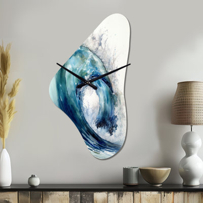 Nicu Ocean Wave Motion VI - Horloge de plage asymétrique en métal, impression d'horloge murale moderne de forme libre