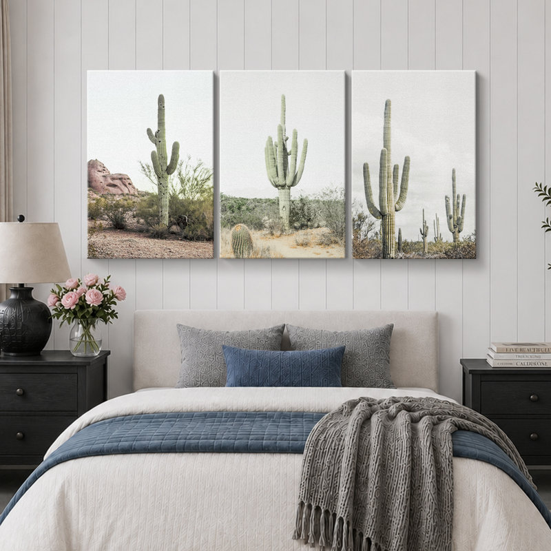 «Cactus Desert», Boho Southwest Landscape, H 36 po x l 72 po, Toile tendue