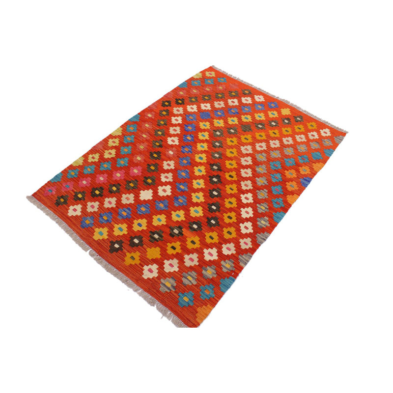 Tapis rouge / ivoire / bleu en laine à motif de chevrons fait à la main 3 pi 6 po x 4 pi 11 po Madee