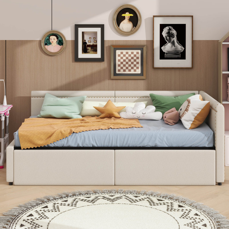 Lit de jour simple d'angle en L revêtu de lin avec deux tiroirs de rangement, Beige