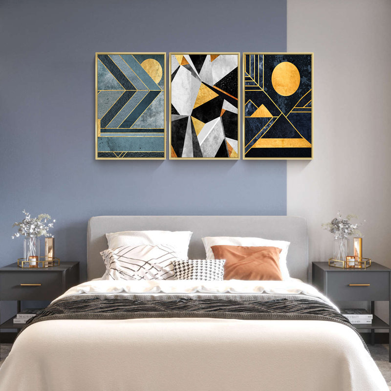 Abstrait, art mural, ensemble de 3 reproductions d'art sur toile encadrées, H 16,3 po x l 36,3 po x P 1,65 po, Noir
