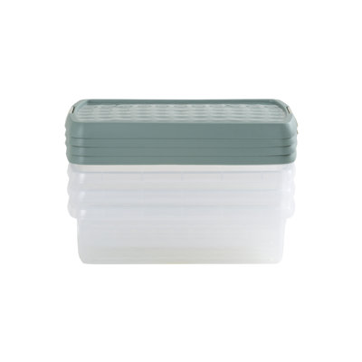 Wham Clip 4x 7L Rectangular Plastic Storage Boxes with Secure Clip Lock Lids. L:39 x W:24 x H:10.5cm Clear/Green Milieu/Stone