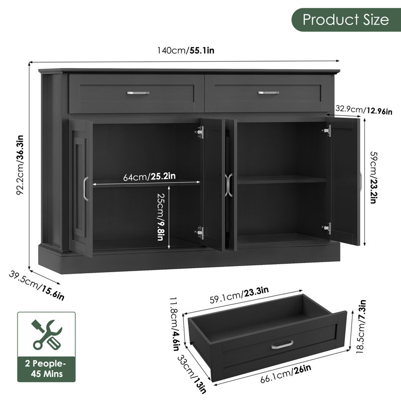 Buffet de cuisine 55,1 po avec 2 tiroirs et 2 tablettes réglables Gaume, Noir