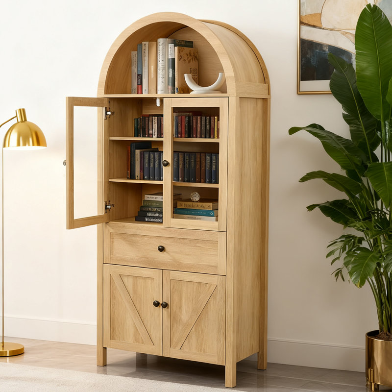 Grande armoire de rangement à tablettes multiples avec arche rétro, Jaune