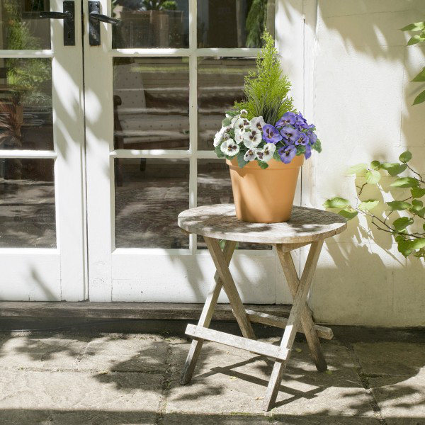 Artificial Faux Silk Pansies with Grasses/Conifer Topiary in a Terracotta Pot Patio Planter 60cm/23.5in