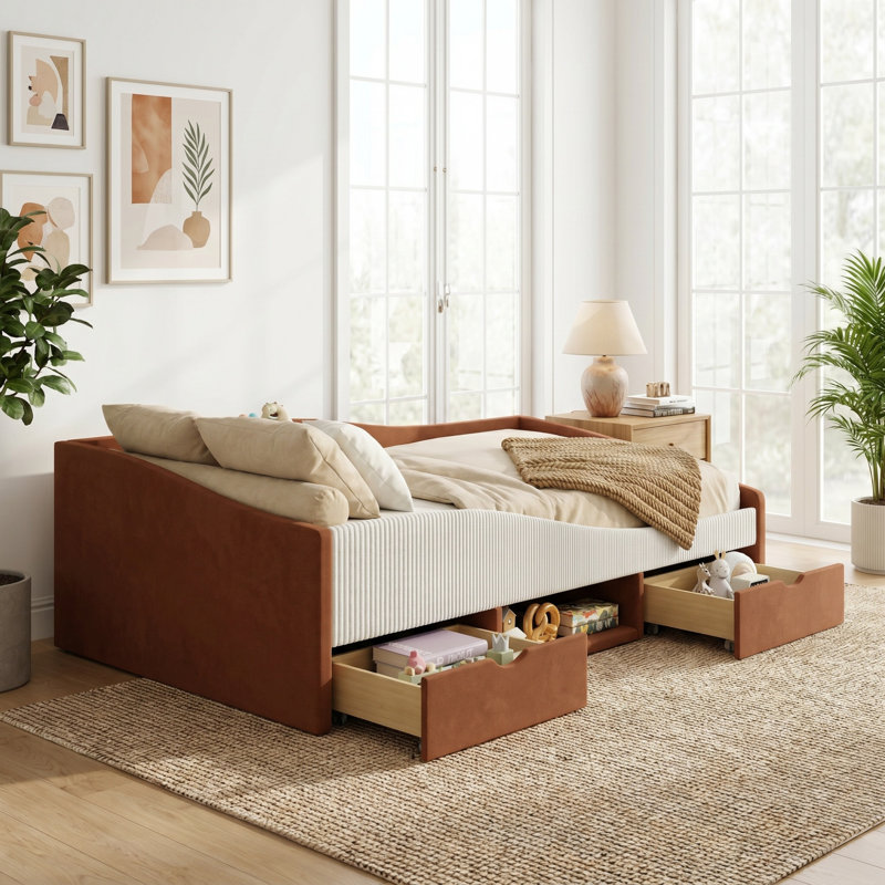 Premium Upholstered Daybed Frame with 2 Storage Drawers, Safety Guardrail & Padded Shelf - Space-Saving Kids Bed, Brown