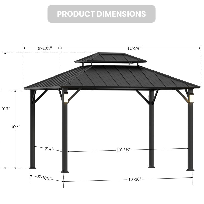Hamilton 10' x12' Steel Hardtop Double Roof Pavilion Gazebo With Mosquito Netting And Roof Hook, Black