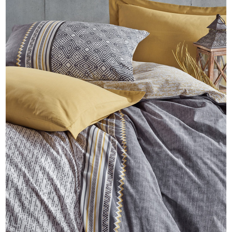 Ensemble de housse de courtepointe 100% coton Ranforce, gris et moutarde, 78,7 po x 78,7 po | Comprend des taies d'oreiller | Lavable à la machine, 145 fils, fermeture à boutons pour couette et fermeture à enveloppe pour taies d'oreiller | Literie él?