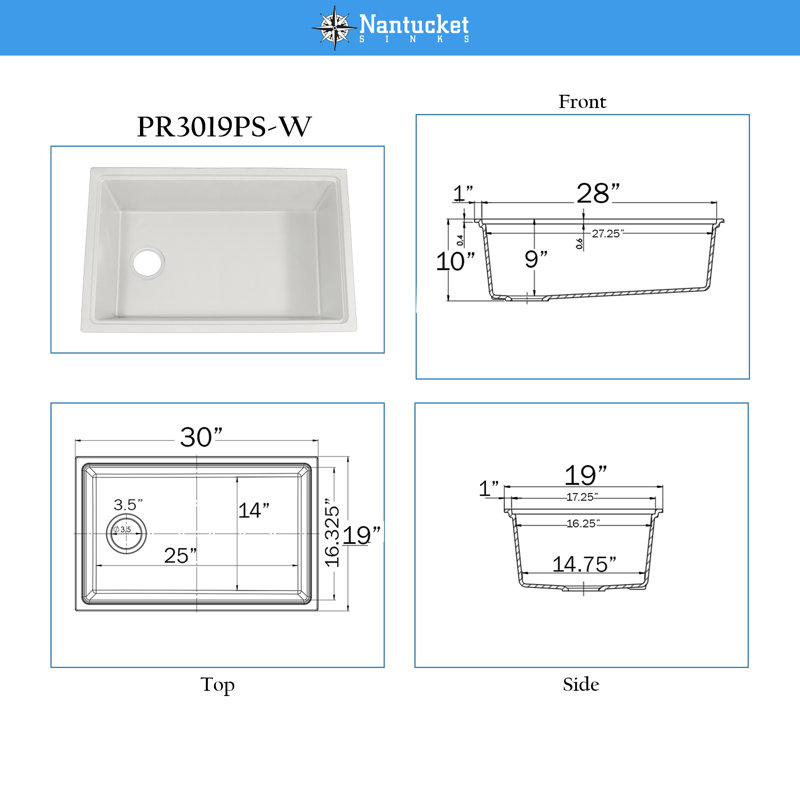 Nantucket Sinks 30 Inch  Dualmount Granite Composite Prep-Station with Side Set Drain, White