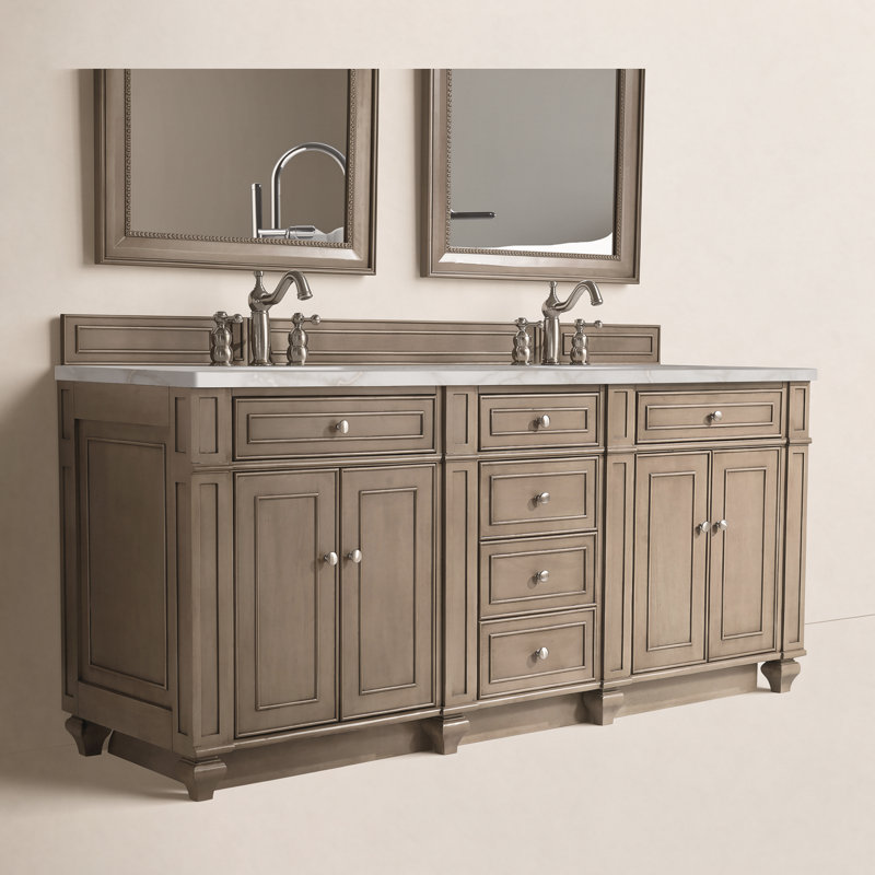 Meuble-lavabo double l 72 po Bristol, Noyer blanchi, Argent victorien, 8 po