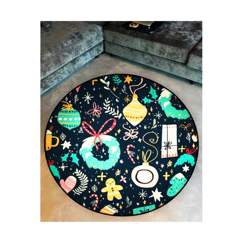 Multicolored Gingerbread Man And New Year Ornaments Patterned Woven Base Decorative Carpet, Round 5'