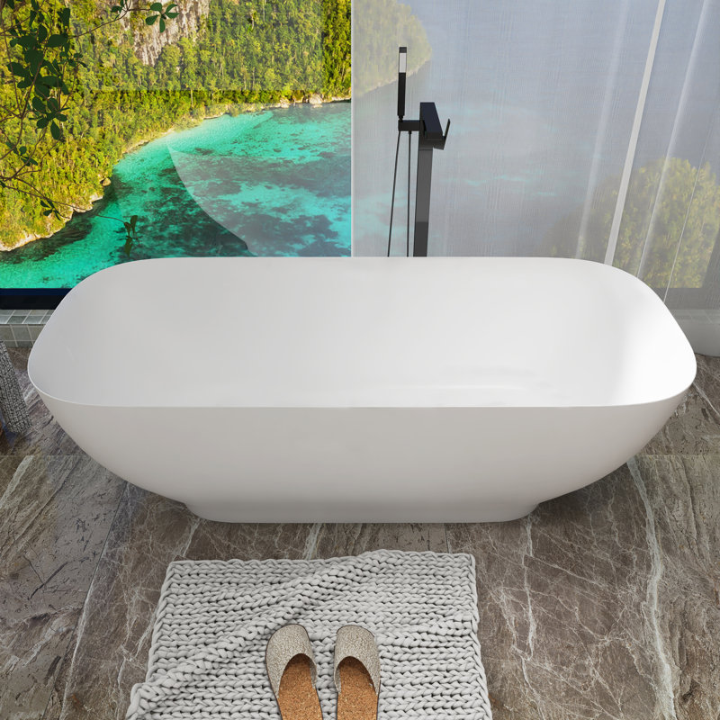 65" Matte White Stone Resin Freestanding Soaking Bathtub