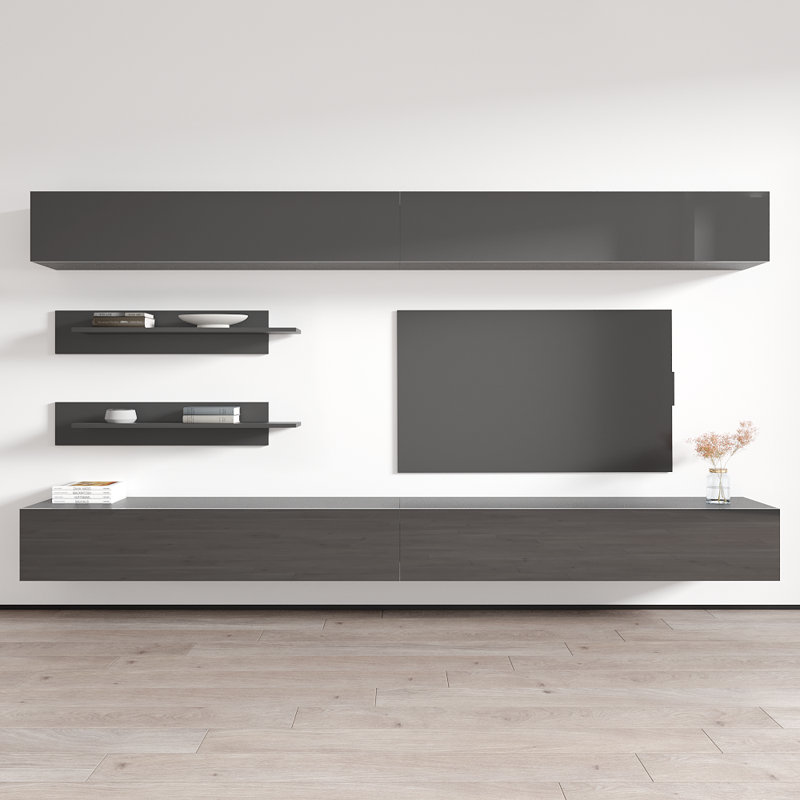 Narvaez 126" Modern Floating Wall Mounted Entertainment Center with 16-Color LED Lighting, High Gloss Finish, Gray