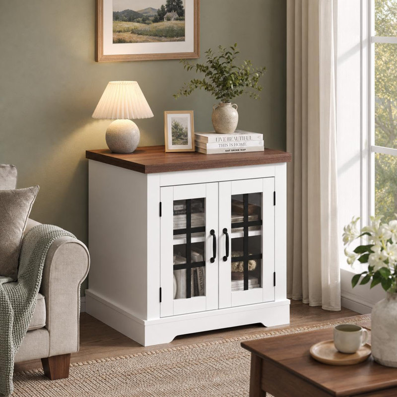 Farmhouse Sideboard Buffet with 2 Glass Doors and Built-in Power Outlet, Brown/White, 24.41" H x 23.62" W x 23.62" D