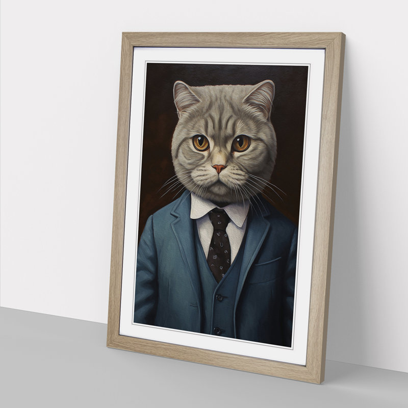 Cat In A Suit Painting No.4 - Single Picture Frame Print on Wood, 64cm H x 46cm W x 2cm D, Oak Framed