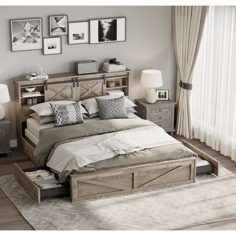 Structure de lit de style campagnard très grand avec lumières DEL et station de charge, 88,2 x 77 x 42,5 po, panneau de fibres à densité moyenne + métal, lits, cadres et bases, gris