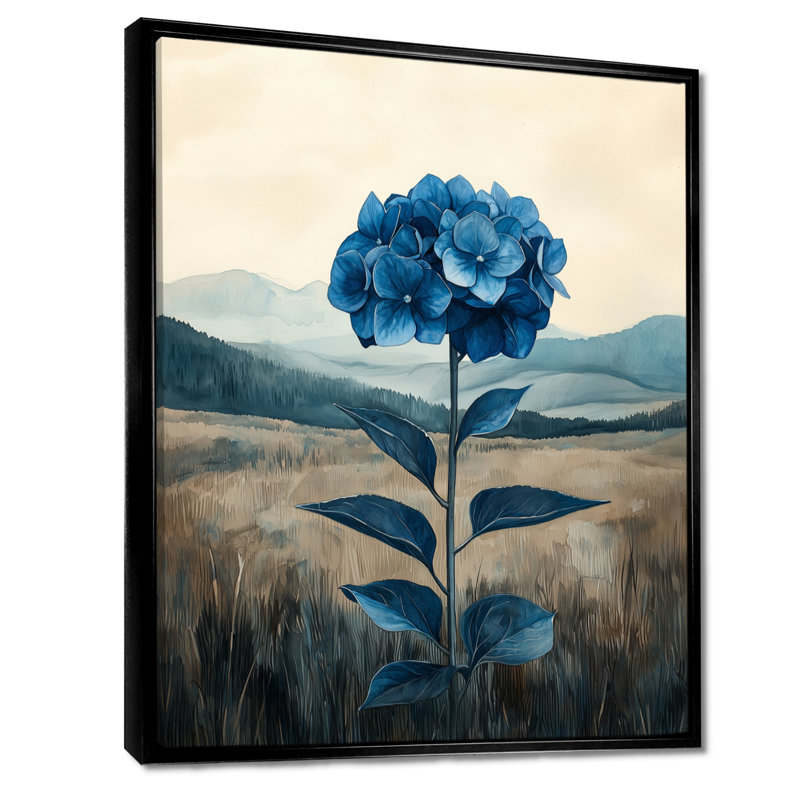 «Minimalisme hortensia dans un champ monochrome», impression sur toile, Noir, Reproduction avec cadre flottant