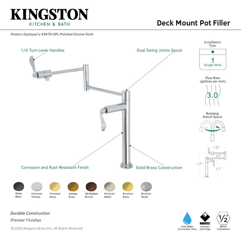 Kingston Brass NuWave Two-Handle 1-Hole Deck Mount Pot Filler Faucet, Brushed Nickel