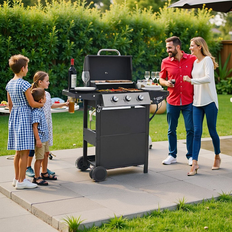 Barbecue au propane à 3/4 brûleurs, acier inoxydable, barbecue de patio de 26 000/37 000 BTU avec 2 tablettes et roulettes