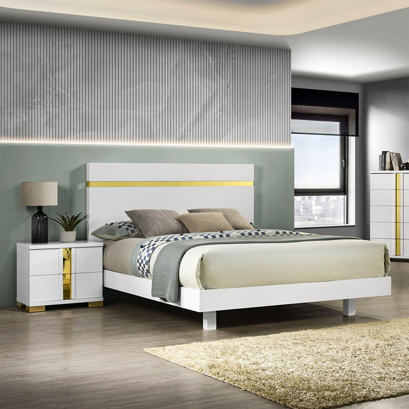 Modern White Queen Bed Set With LED & 2 Nightstands – Platform Design