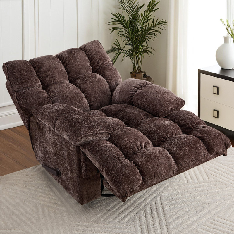 Oversized Manual Recliner Chair with Swivel Frame, Chenille Fabric, and Wooden Backrest - 38.87 Inch Wide, Brown