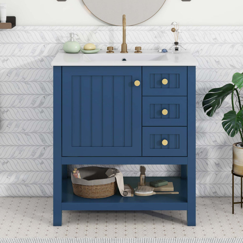 Ensemble de meuble-lavabo simple 30,00 po avec plateau en bois manufacturé Sylvonia, Bleu