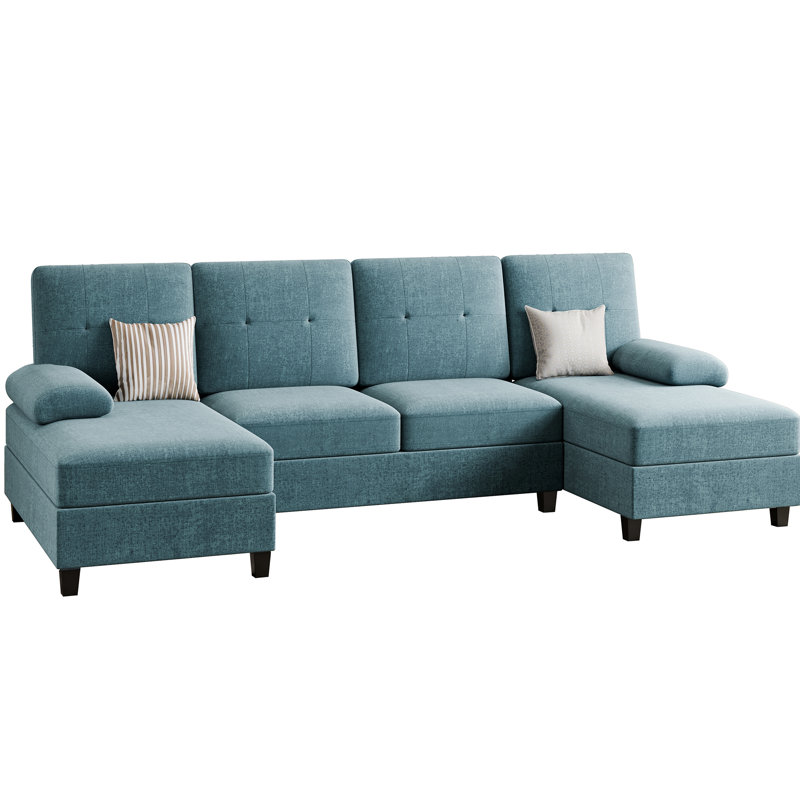 3-Piece Modular Upholstered Sectional Couch, Blue Cotton Blend