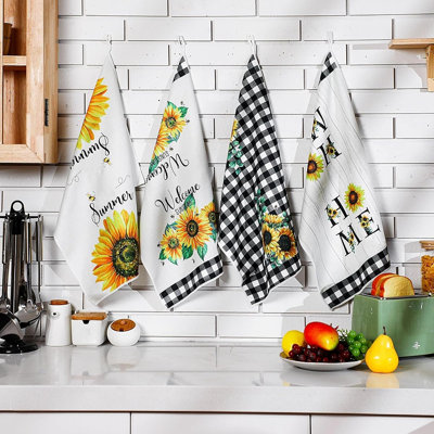 Ensemble de 4 essuie-tout de tournesol - Essuie-mains à motif floral absorbant, torchons décoratifs à séchage rapide pour la cuisine et la salle de bain