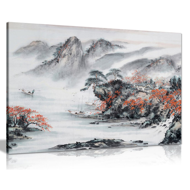 Japanese Art Black White Red - Wrapped Canvas Print, 20cm H x 31cm W