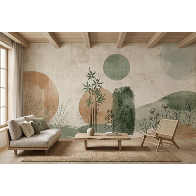 Papier peint aquarelle à croquis botanique, motif mural vert pâle