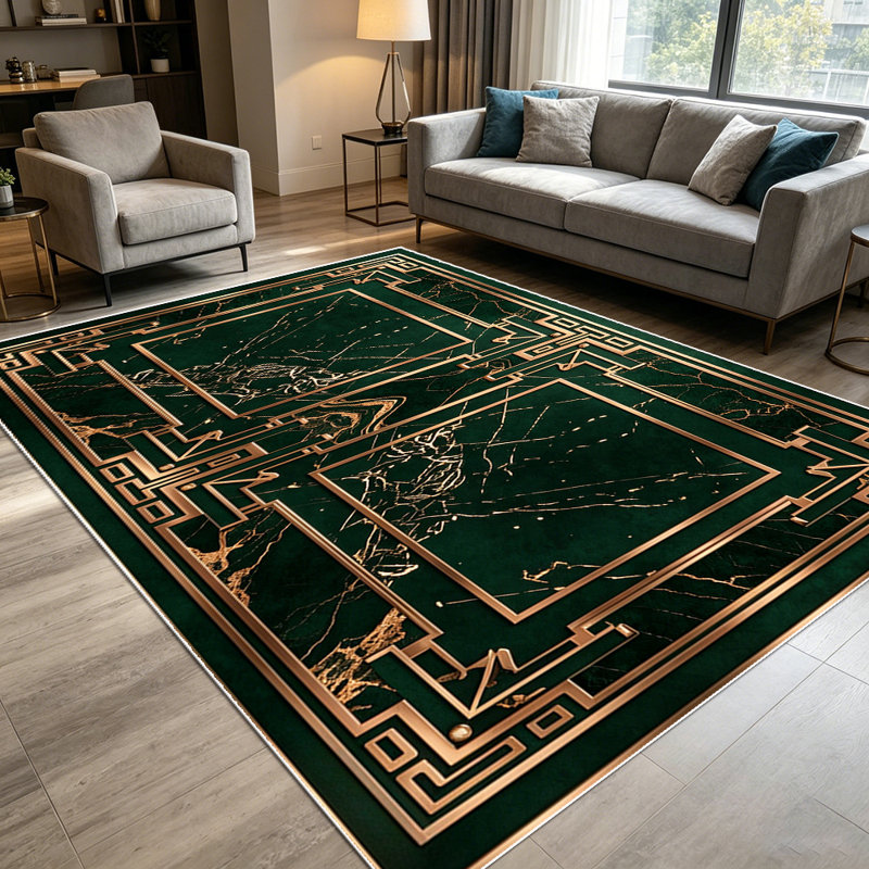 1PC Art Deco Dark Green Marble Gold Geometric Trim area rugs for Living Room, Soft and Comfortable, Suitable for all seasons, easy-to-maintain, machine washable Indoor floor mat, Under Table Farmhouse suitable for dining room, bedroom,