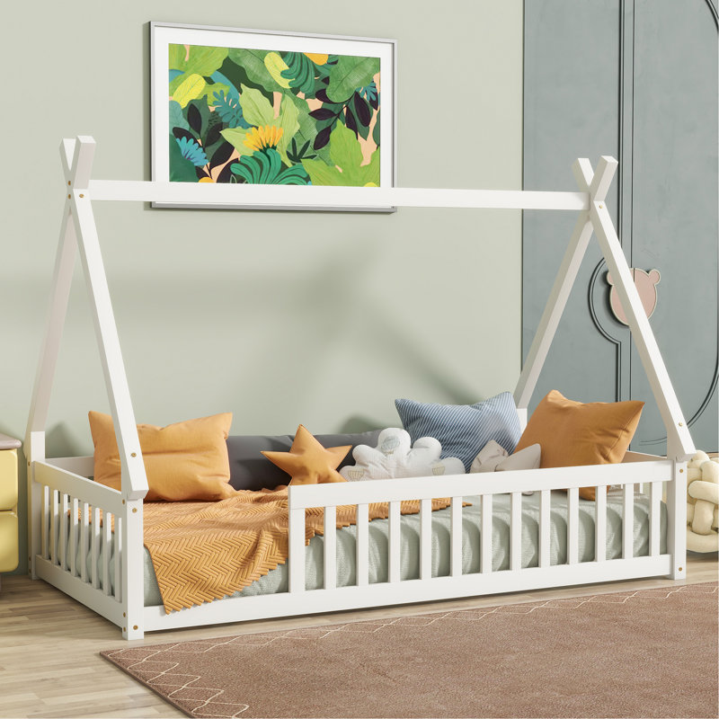 Lit simple en forme de tente avec garde-corps, lattes, blanc, Blanc