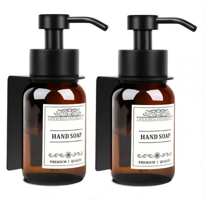 Distributeur de savon en verre 8,5 oz 2 pièces - Shampooing, revitalisant et distributeur de savon à vaisselle avec pompe, support mural et étiquettes imperméables pour la cuisine et la salle de bain (brun)