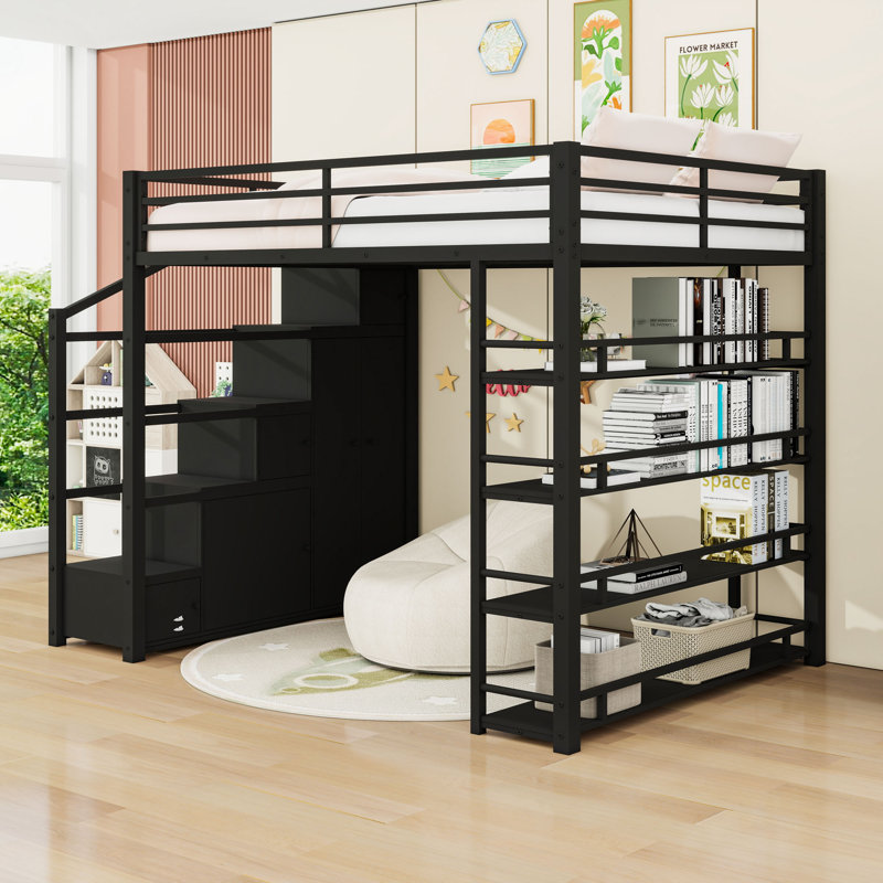 Queen Size Loft Bed with Storage Shelves, Wardrobe and Staircase