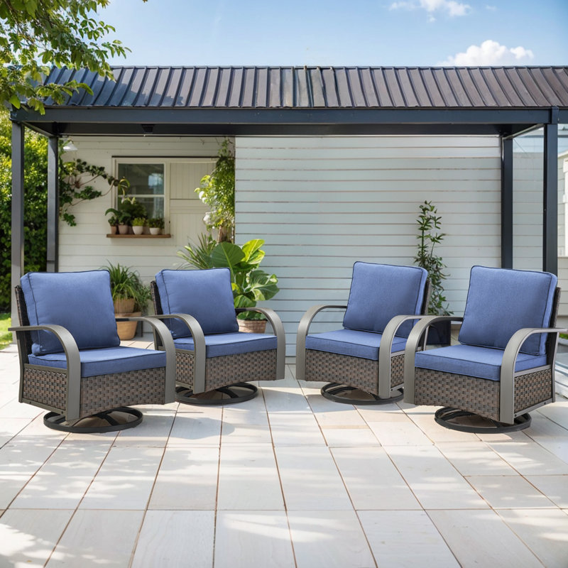 Bobra Patio Wicker Rattan Outdoor Swivel and Rocking Chairs With Cushions (Set Of 4), Blue