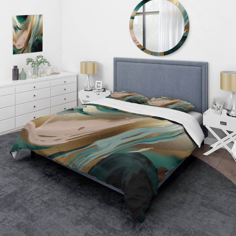 Ensemble de housse de couette en microfibre / polyester marbré doré et vert Euphoria V