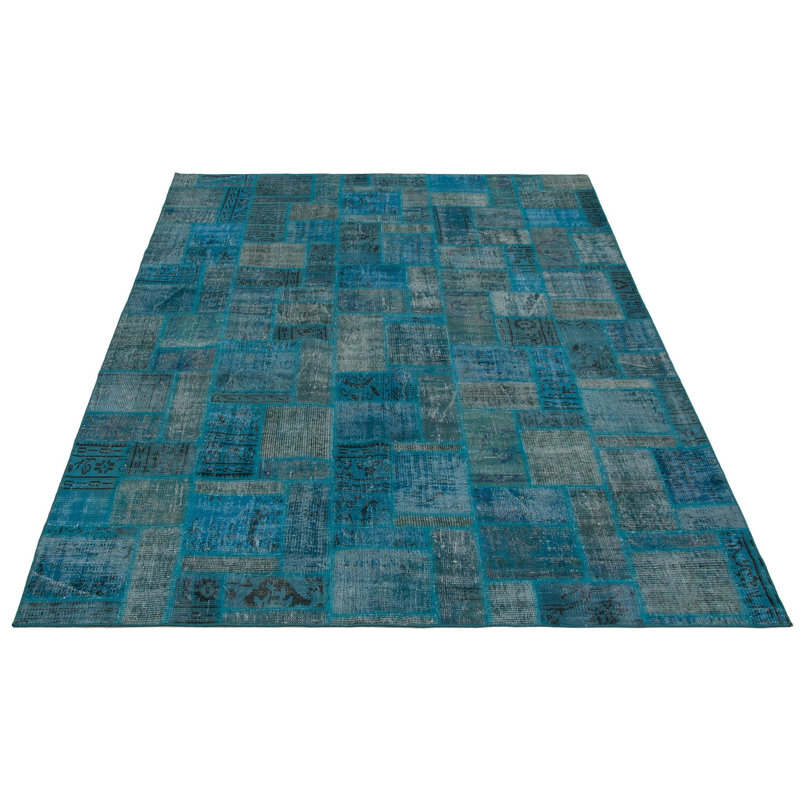 Tapis décoratif turquoise en laine de conception unique 6 pi 11 po X 9 pi 10 po noué à la main