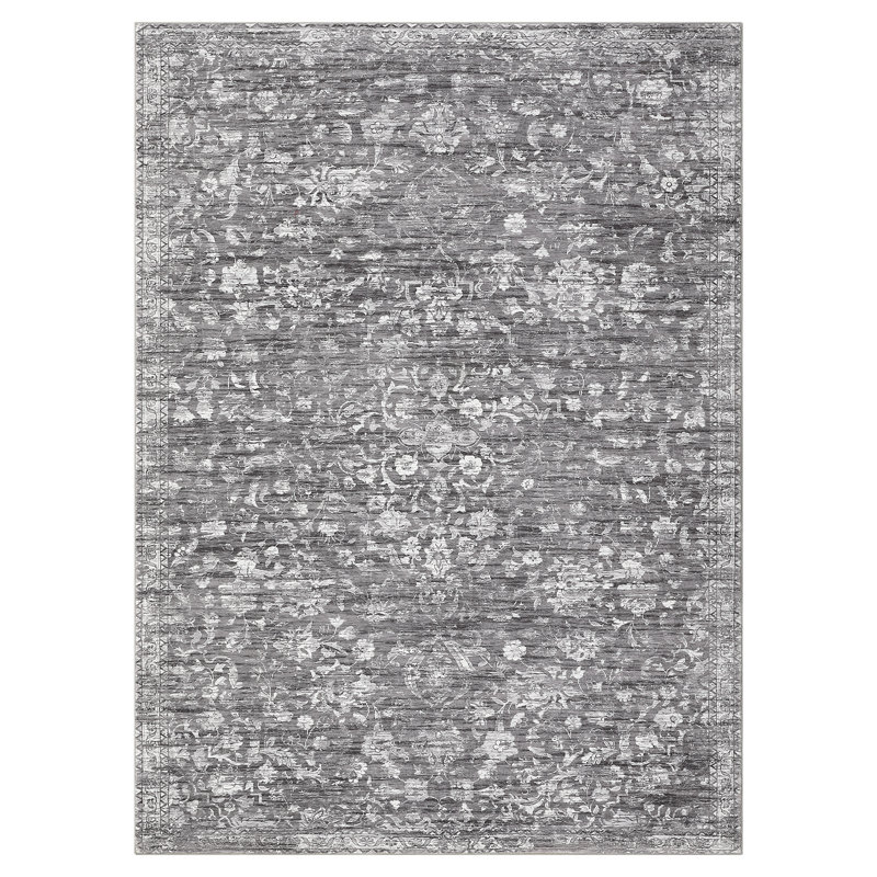 Oriental Machine Washable Rug with Rubber Backing for Living Room Non-Slip Dining Room Rug Easy-Cleaning Floor Carpet for Bedroom Office Playroom_OKPHO_155Y_Floral;Oriental_Gray