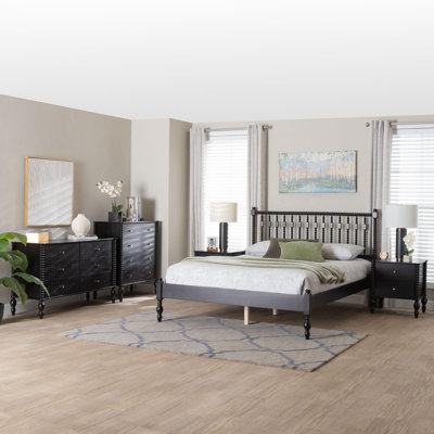 Baxton Studio Cherrelle Spindle 5-Piece Bedroom Set - Farmhouse Platform Bed with Matching Dresser, Chest, and 2-Drawer Nightstands, Black, Full