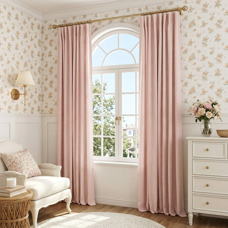 Rideaux 100% occultant en lin texturé et isolant uni pour le salon (50 po de largeur, ensemble de 2), Rosé, L 50 po x L 96 po