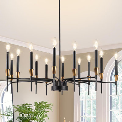 Lustre noir et doré de style campagnard avec 14 lumières - Grande chandelle à hauteur réglable pour salle à manger, salon, chambre à coucher, vestibule - style industriel