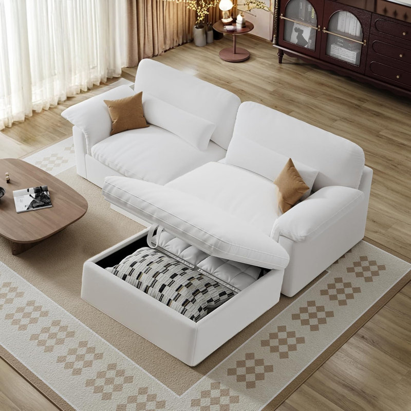 83" Luxury Cloudy 3-Seater Sofa With Ottoman, L-Shaped Sectional Sofa With Removable & Washable Sofa Cover