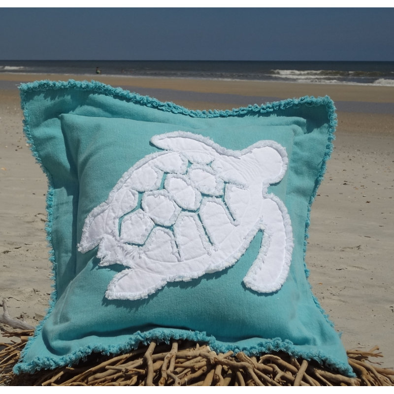 Coastal Frayed Sea Turtle Applique 100% Cotton Throw Pillow, 22" H x 22" W, Caribbean Blue/White