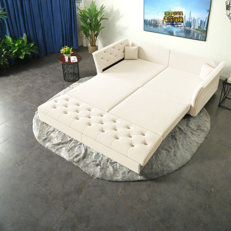 Grand canapé-lit à compression, velours moderne capitonné de 74,4 pouces pour la maison, Beige