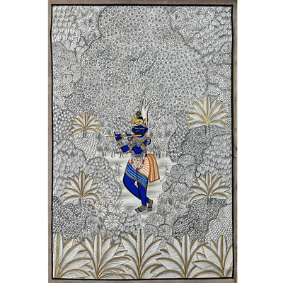 Shrinathji Krishna Pichwai Hand-Painted Watercolor on Cotton Wall Art, 36 x 24 in., Flute in Forest Scene