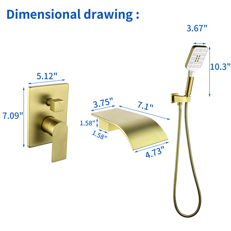 Wall Tub Spout with Diverter, Brushed Gold