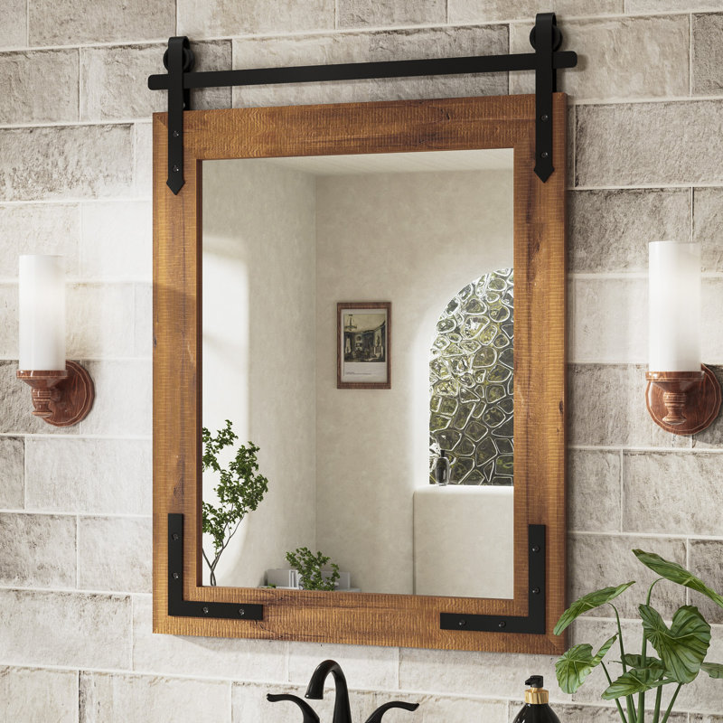 Brunilda Rustic Farmhouse Solid Wood Frame Accent Mirror Decorative Mirror, 28" x 20", Brown