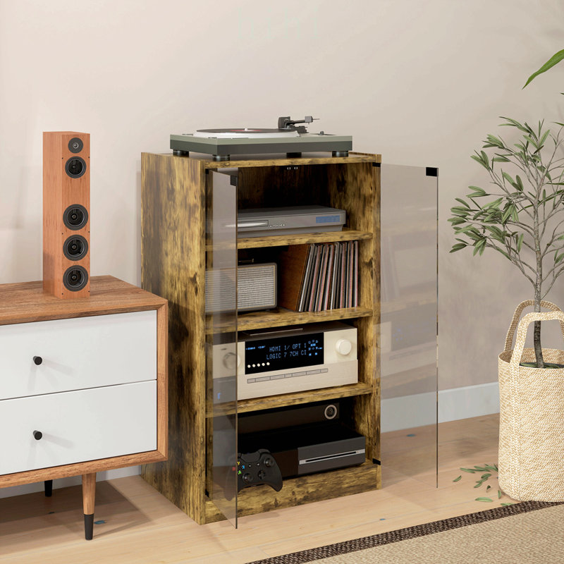 Armoire audio-vidéo moderne à 4 niveaux avec tablettes réglables, portes en verre trempé et gestion des câbles, brun rustique