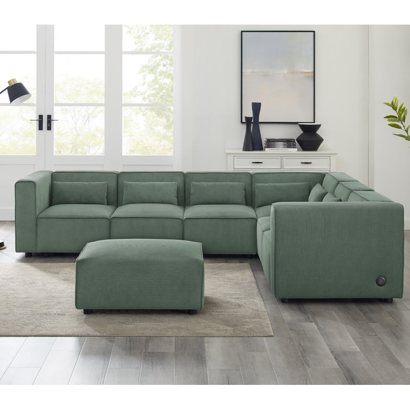 Canapé modulaire Quinshon MINIMORE de style moderne de 117 po de large avec repose-pieds et USB, Velours côtelé vert